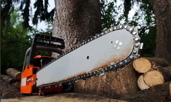 A chain saw sitting on top of a tree.